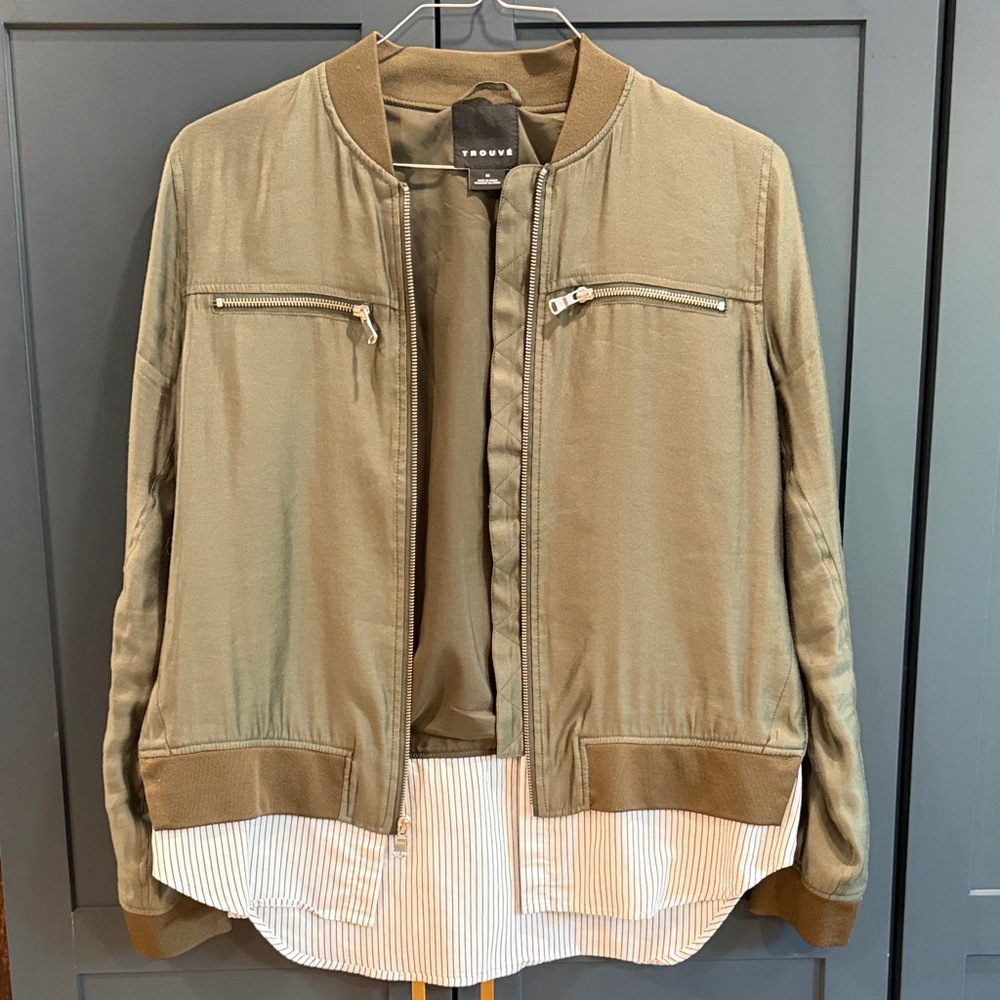 Trouve Olive Bomber Jacket with Zip Chest Pockets